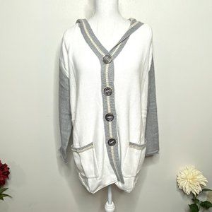 NEW Pure Knits White & Gray Hooded Cardigan Preppy Minimalist